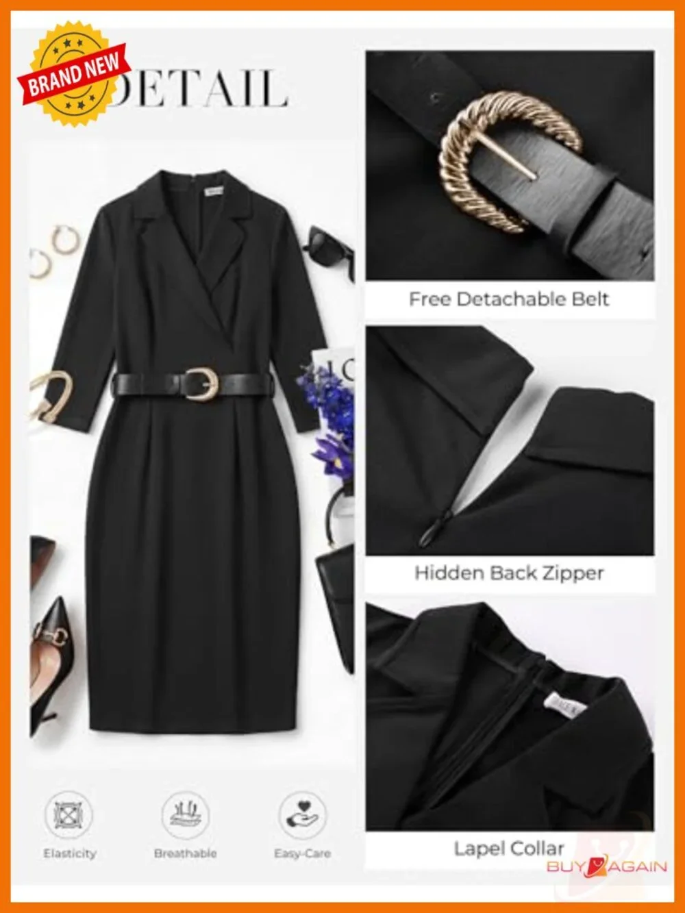 Women's Bodycon Business Work Dress 3/4 Sleeve Lapel Midi